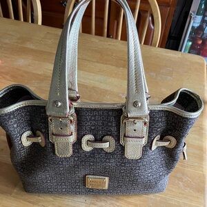 Vintage/Rare Dooney & Bourke Brown Canvas Gold Metallic Shimmer Leather Tote Bag